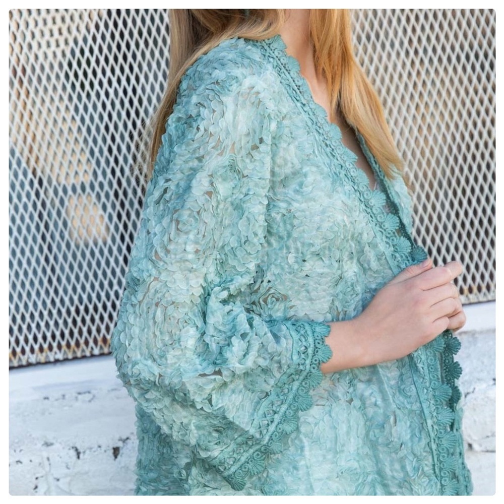 Jewel Teal 3D Lace and Crochet Cardigan - Picture 2 of 8
